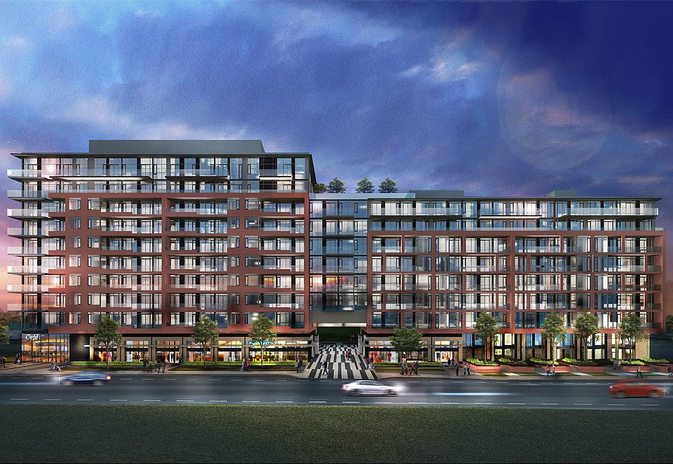 Rendering of Indigo Condos building exterior at dusk
