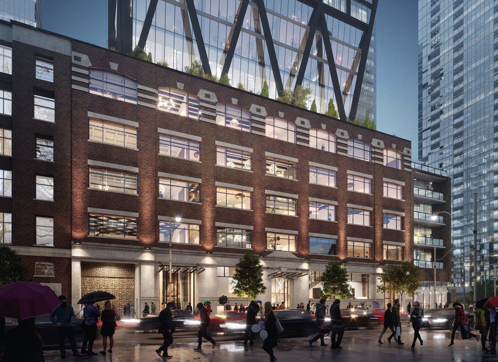 Rendering of 263 Adelaide Condos building exterior at ground-level.
