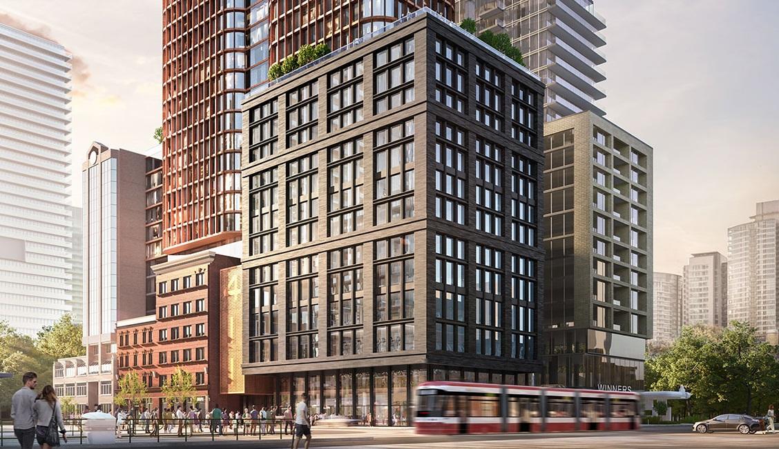 Rendering of 411 King Condos building street-level exterior.