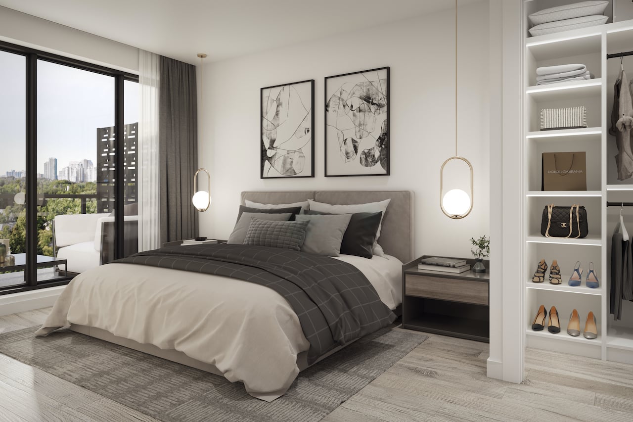 Rendering of The Addington Condos interior suite primary bedroom