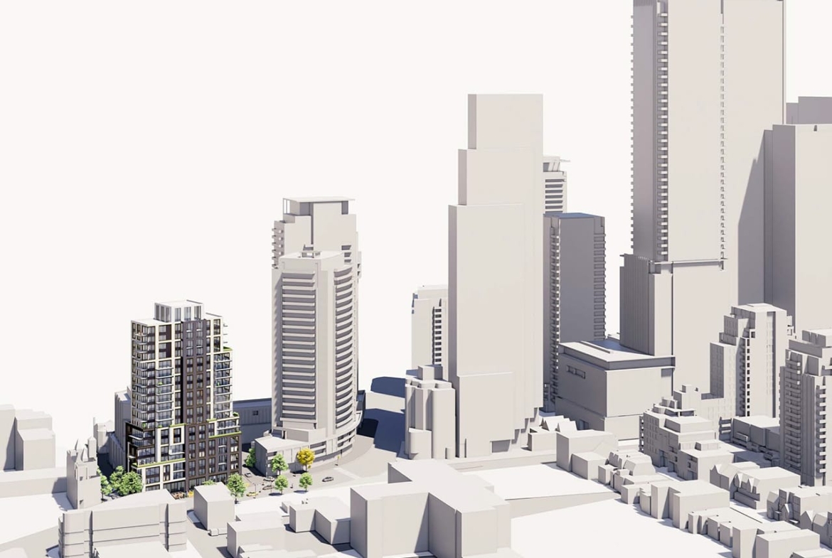 Rendering of 100 Davenport Condos exterior aerial with cityscape
