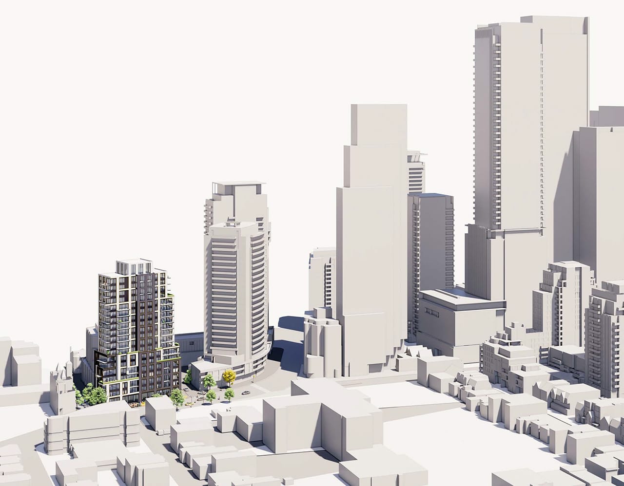 Rendering of 100 Davenport Condos exterior aerial with cityscape