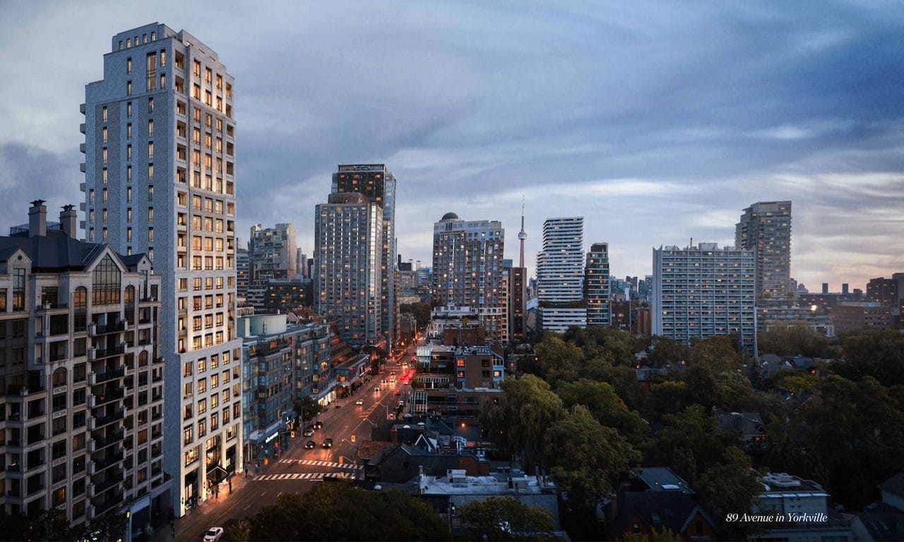 Rendering of 89 Avenue Condos and surrounding area at dusk.