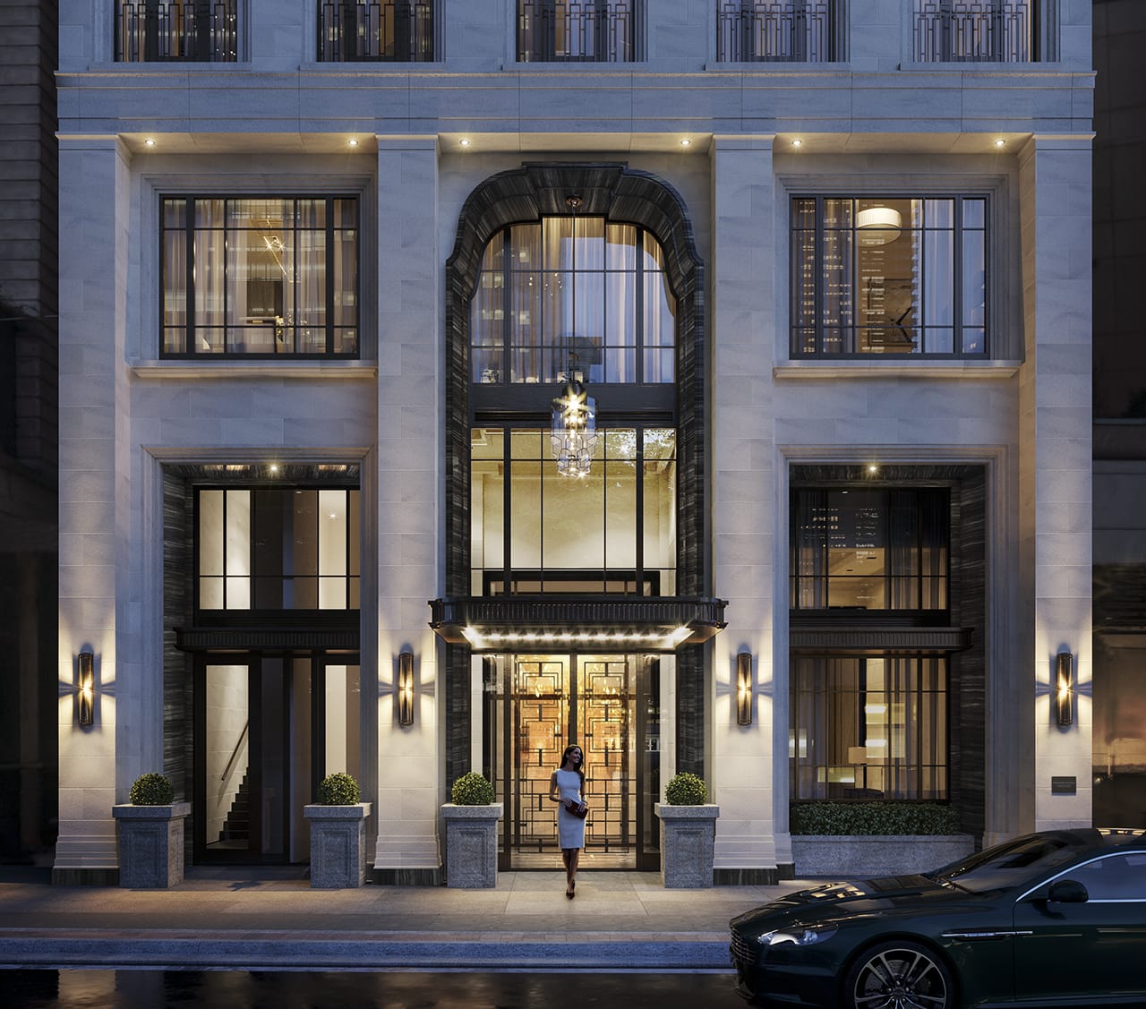 Rendering of 89 Avenue Condos exterior at night.