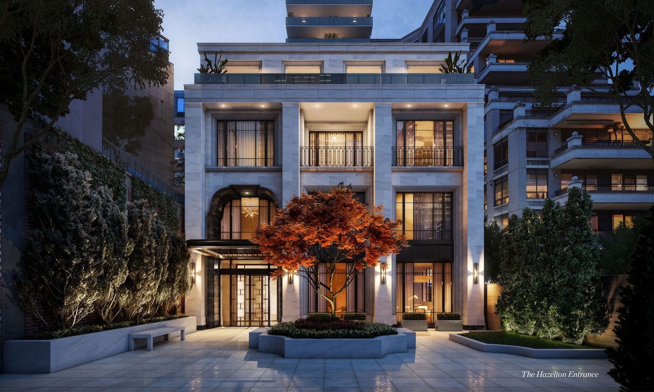 Rendering of 89 Avenue Condos The Hazelton Entrance at night.
