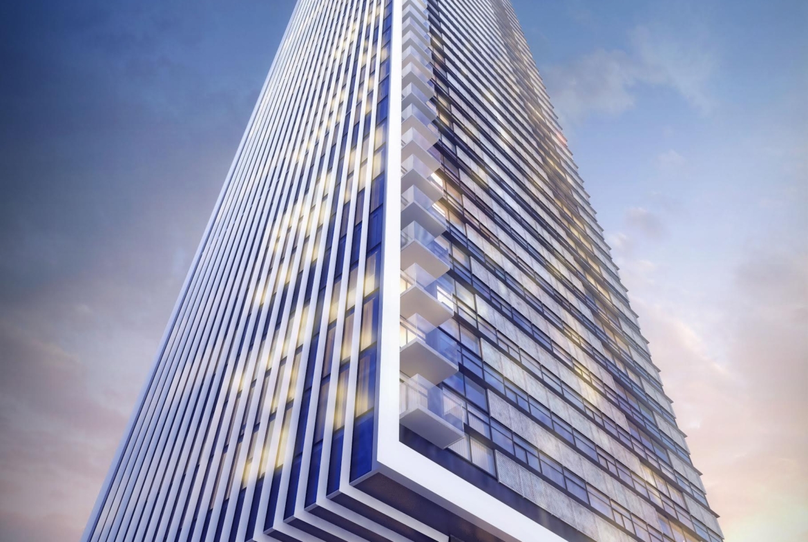 Rendering of 8 Cumberland Condos exterior worms-eye view.