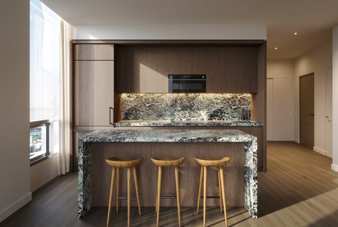 Rendering of Forma Condos suite interior upgraded kitchen espresso