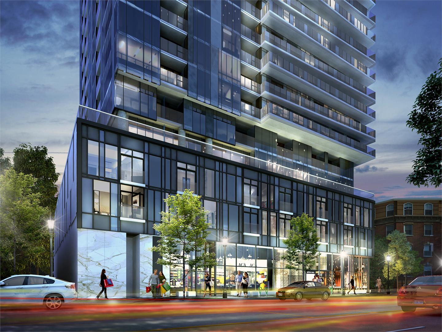 Rendering of Nautique Lakefront Residences podium at dusk
