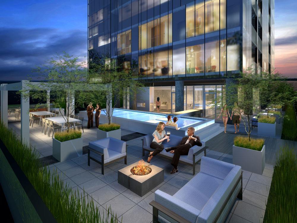 Rendering of Nautique Lakefront Residences terrace with pool and fire pit