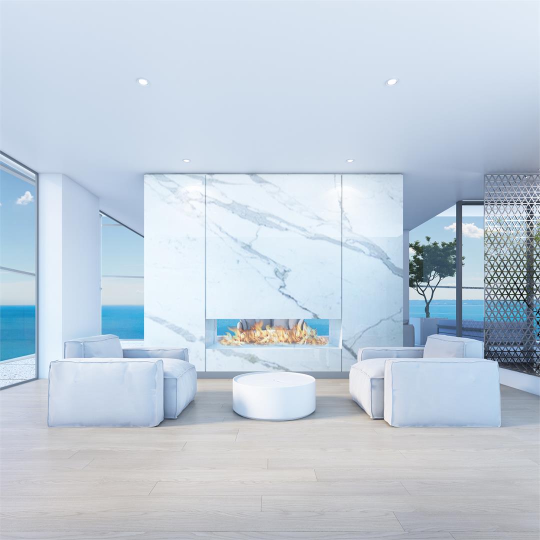 Rendering of Nautique Lakefront Residences lounge with fireplace