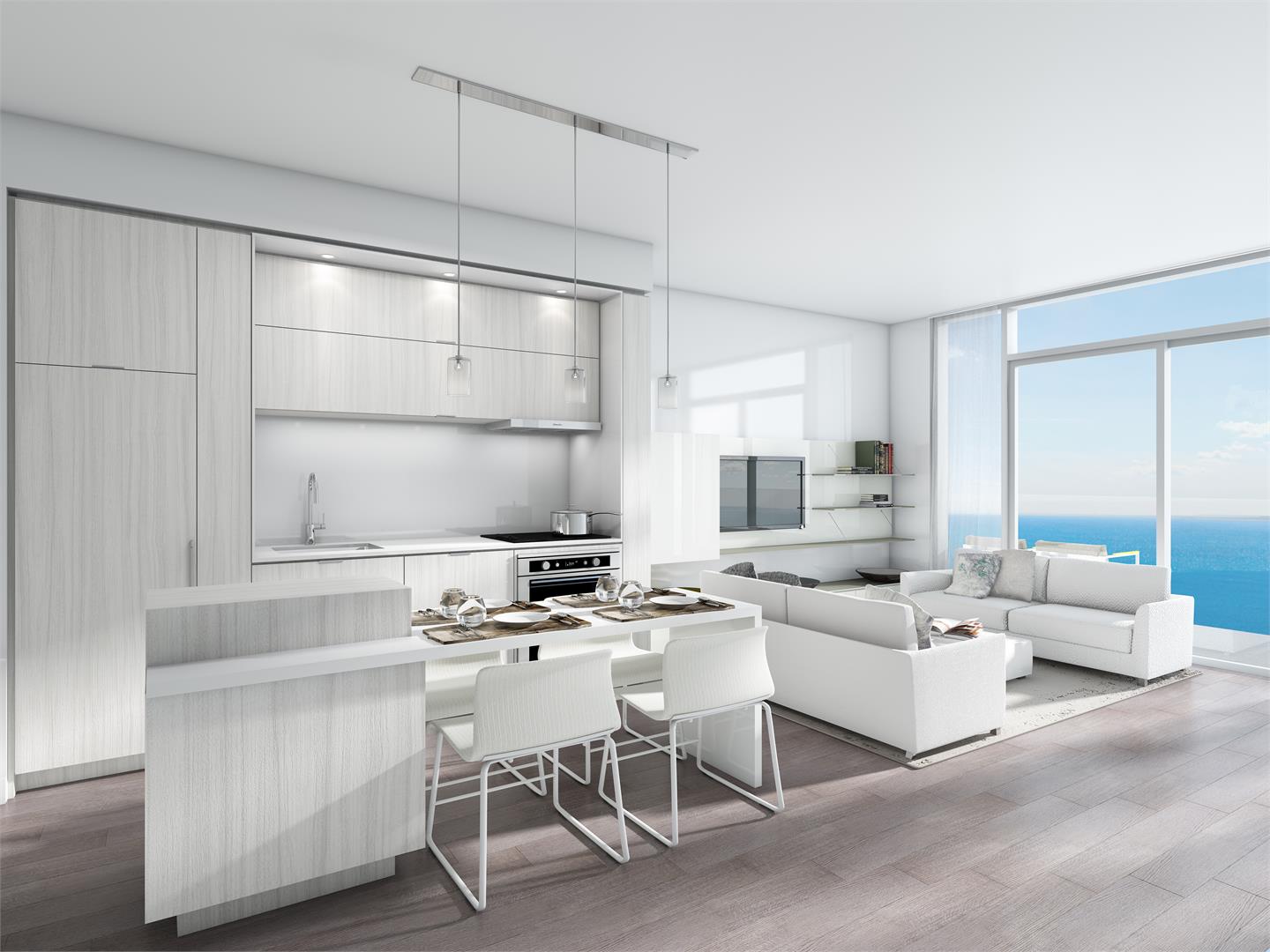Rendering of Nautique Lakefront Residences 1-bedroom suite kitchen