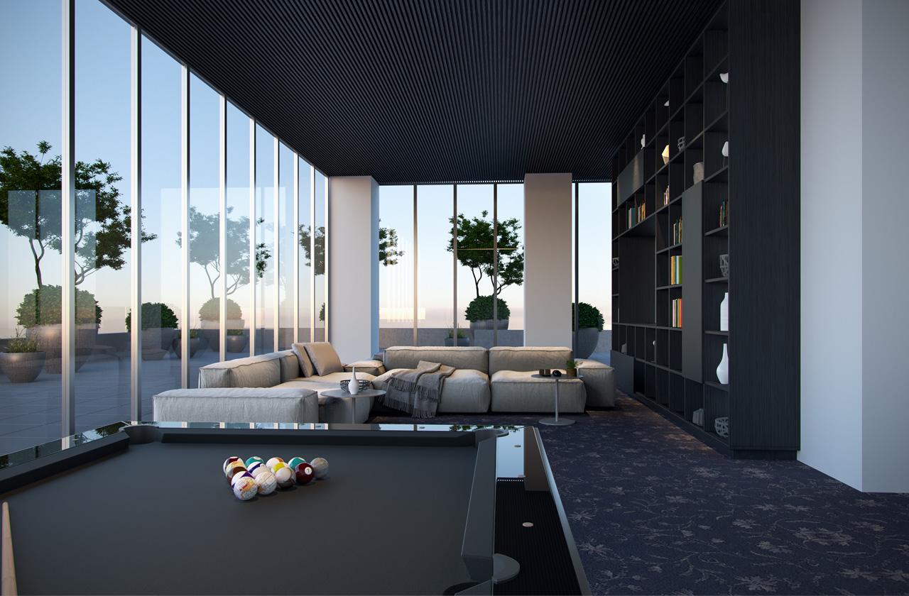 Rendering of Plaza Midtown Condos billiards room.
