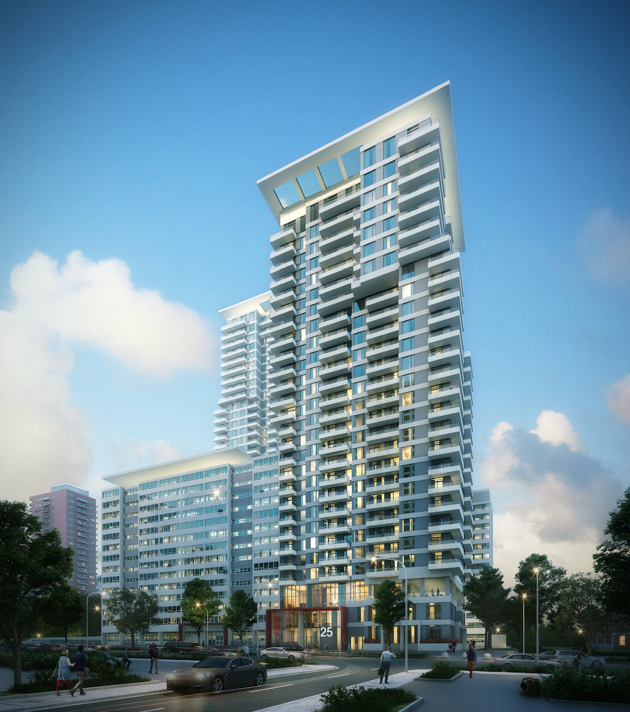 Rendering of Plaza Midtown Condos exterior at dusk.