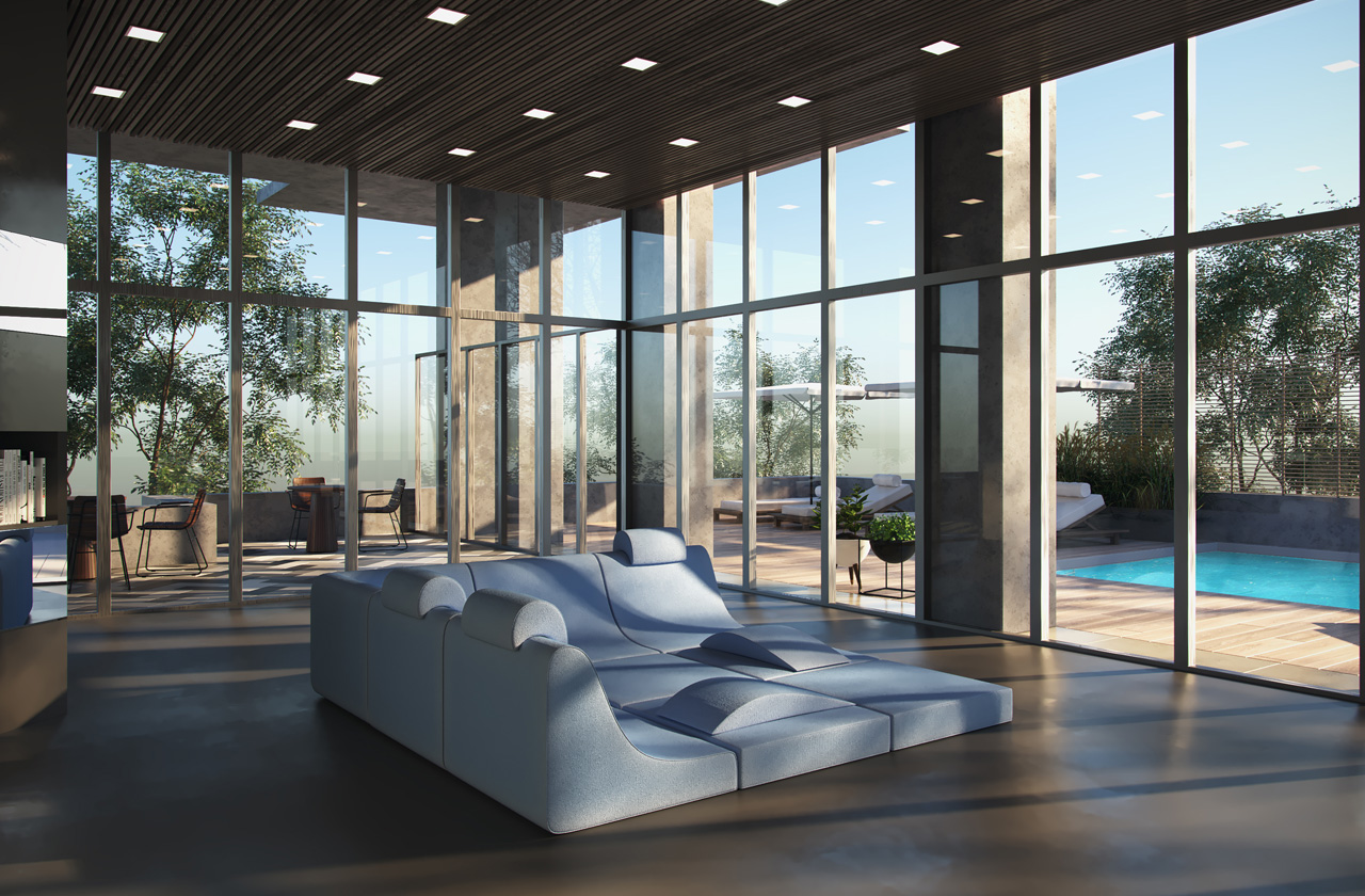 Rendering of Plaza Midtown Condos indoor lounge area by the outdoor pool.