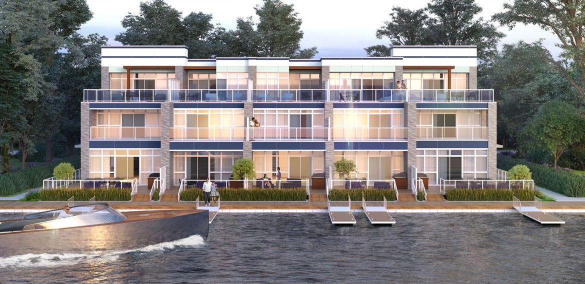 Friday Harbour Resort Condos and Towns exterior waterfront during the summer