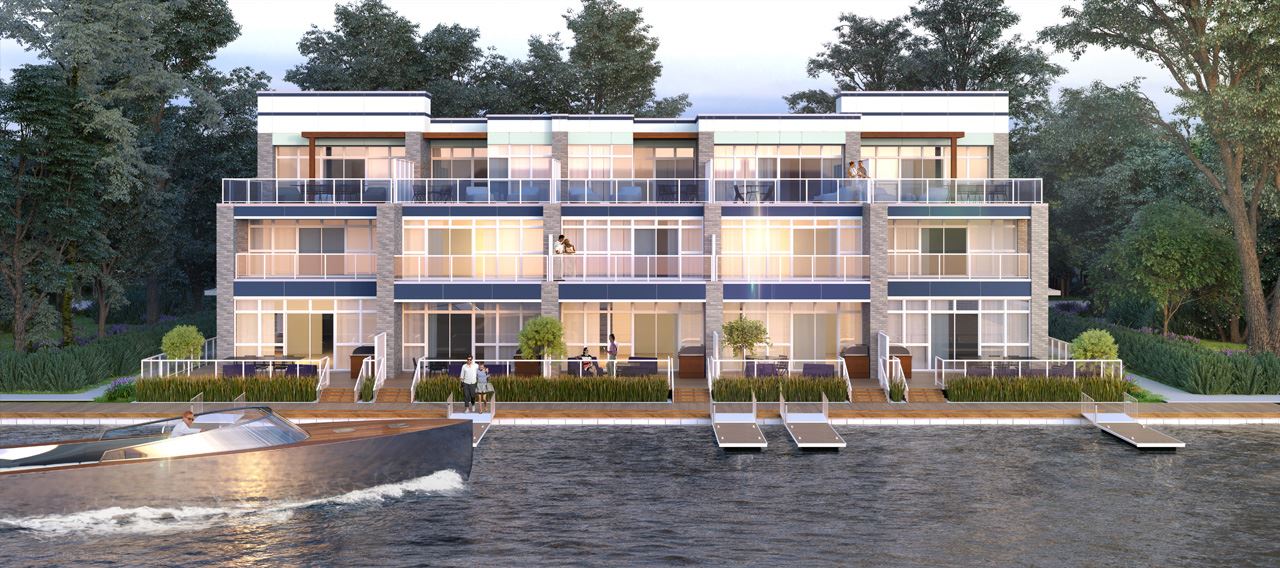 Friday Harbour Resort Condos and Towns exterior waterfront during the summer