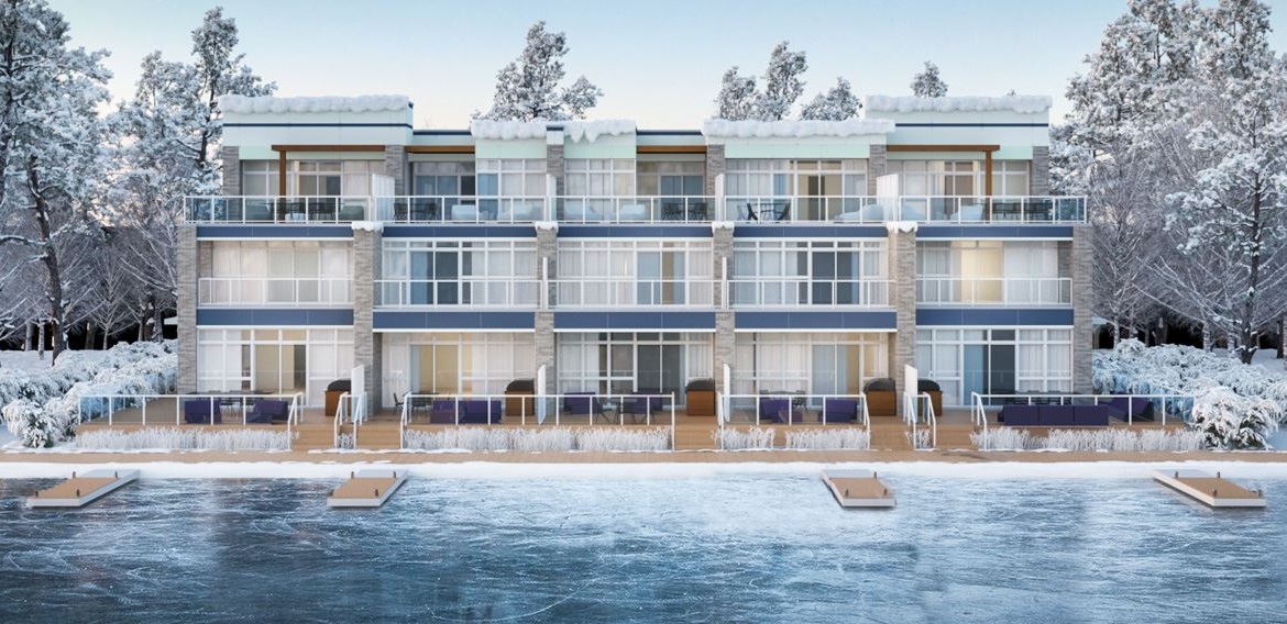 Friday Harbour Resort Condos and Towns exterior waterfront during the winter
