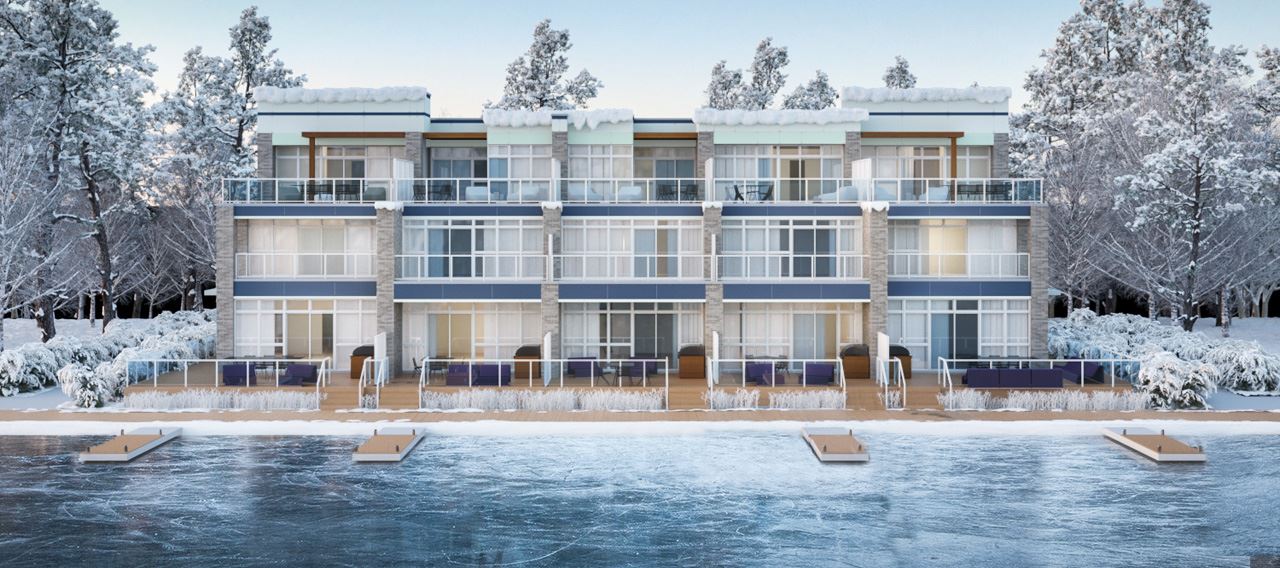 Friday Harbour Resort Condos and Towns exterior waterfront during the winter
