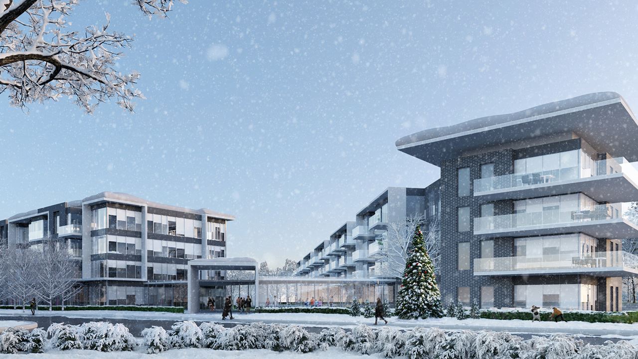 Friday Harbour Resort Condos and Towns exterior during winter