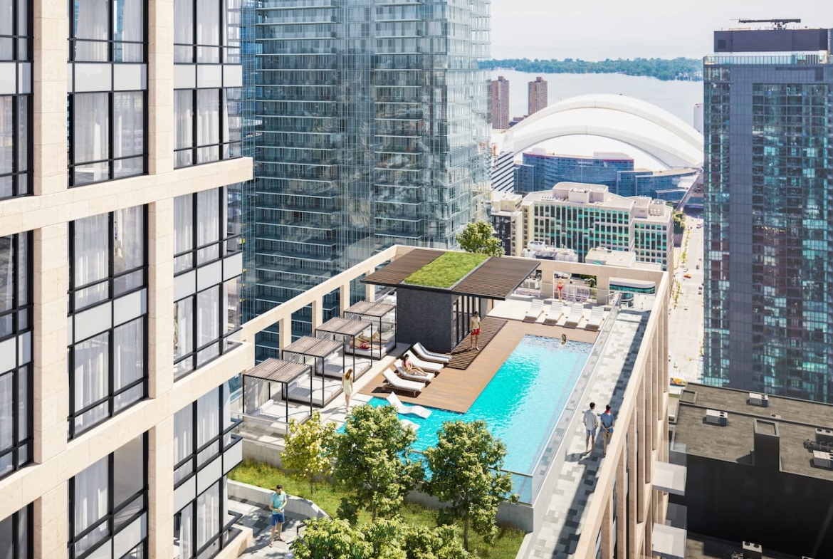 Rendering of Peter and Adelaide Condos rooftop pool aerial