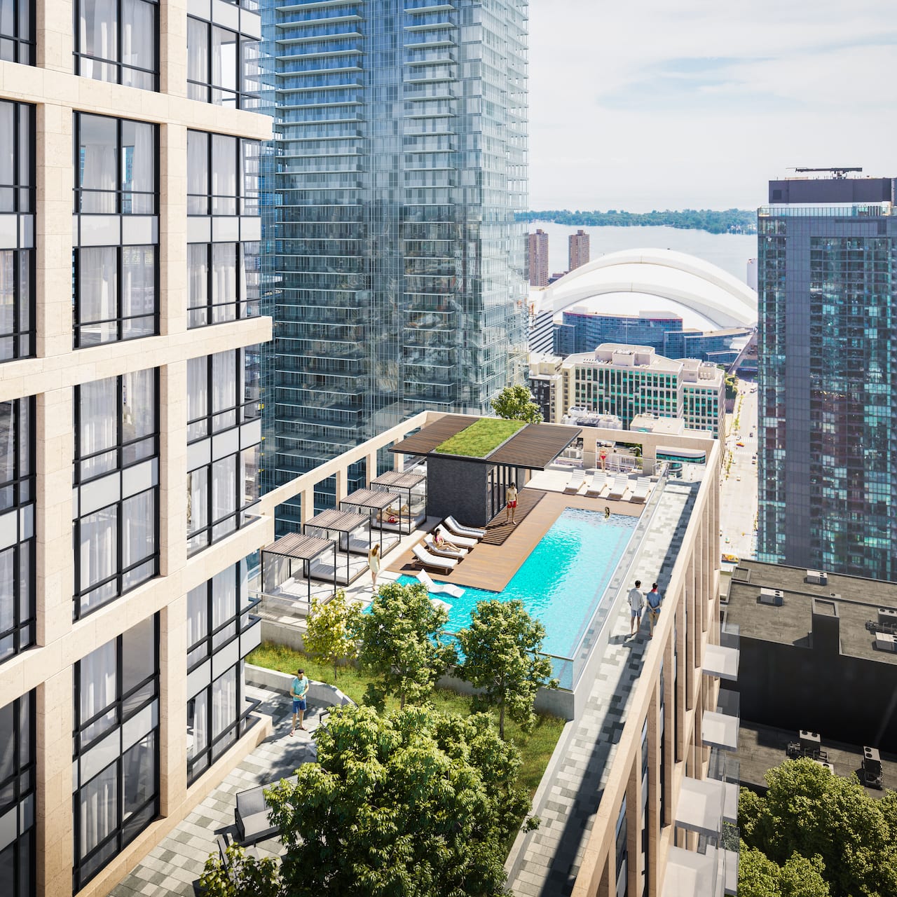 Rendering of Peter and Adelaide Condos rooftop pool aerial