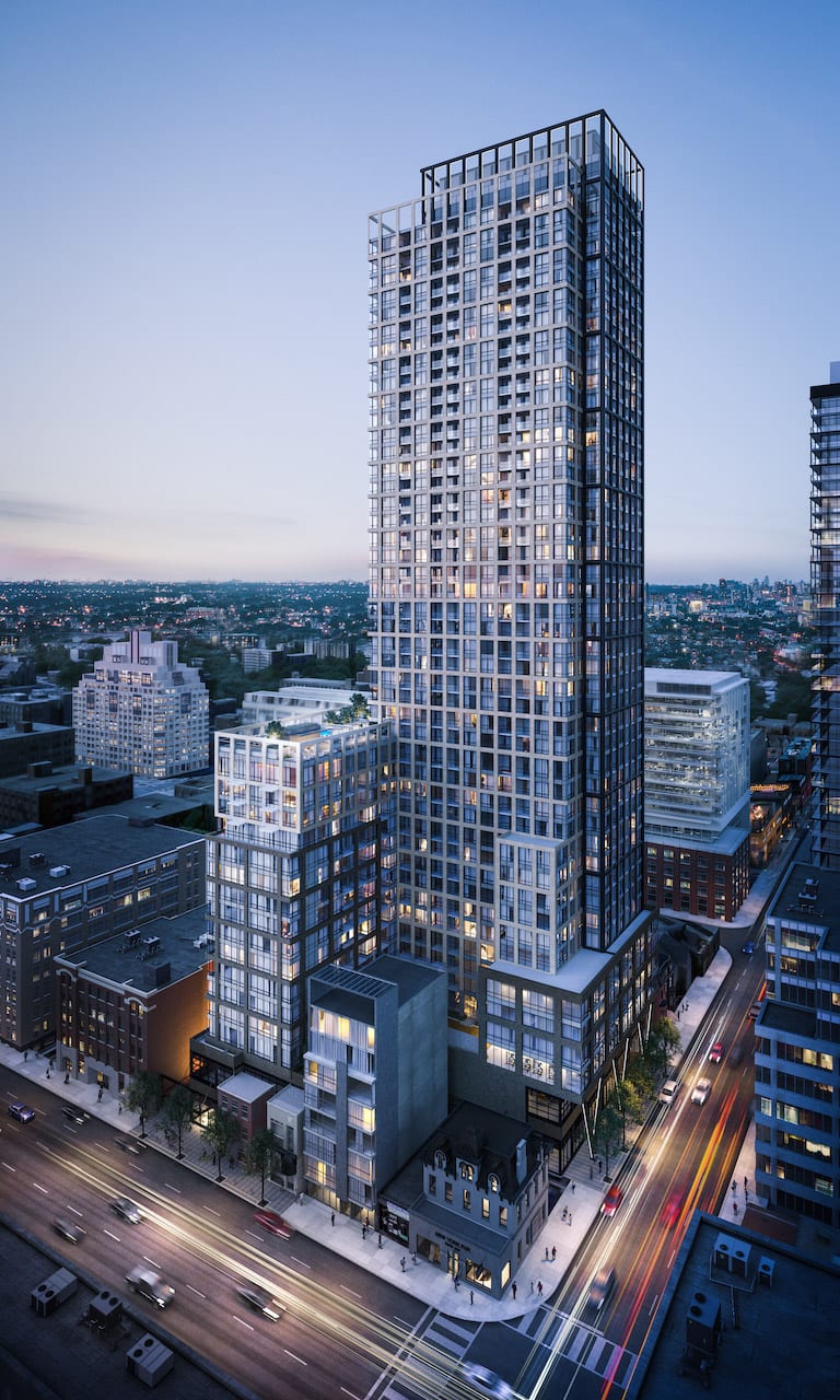 Rendering of Peter and Adelaide Condos exterior full view at night