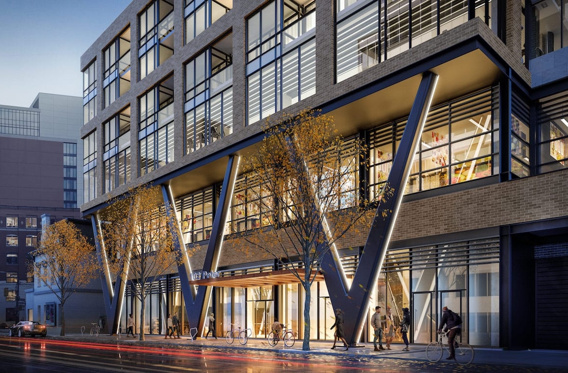 Rendering of Peter and Adelaide Condos exterior entrance at night