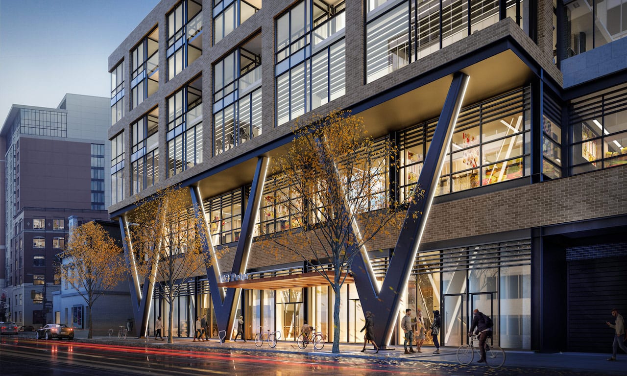 Rendering of Peter and Adelaide Condos exterior entrance at night