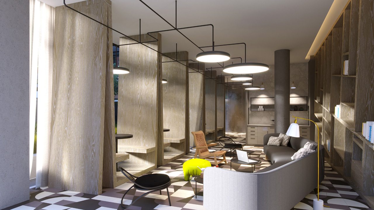 West Condos rendering of building cafe