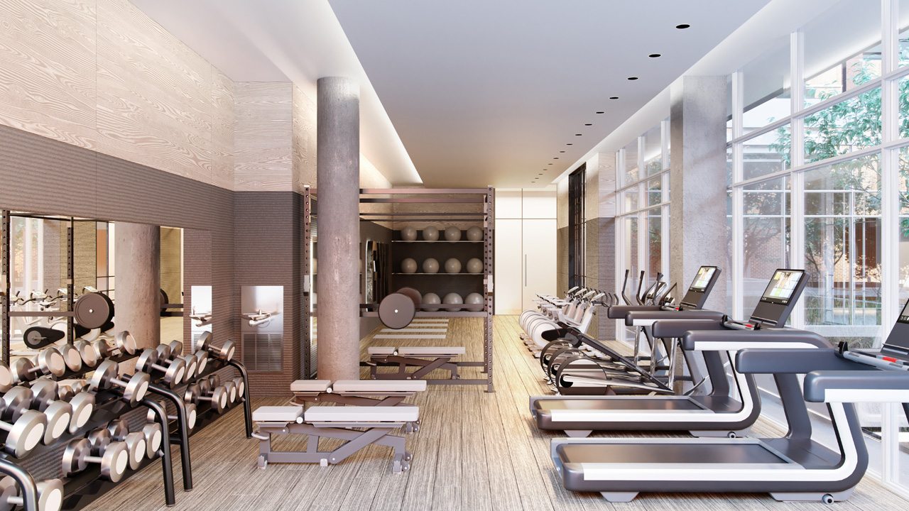 West Condos rendering of indoor gym area and equipment