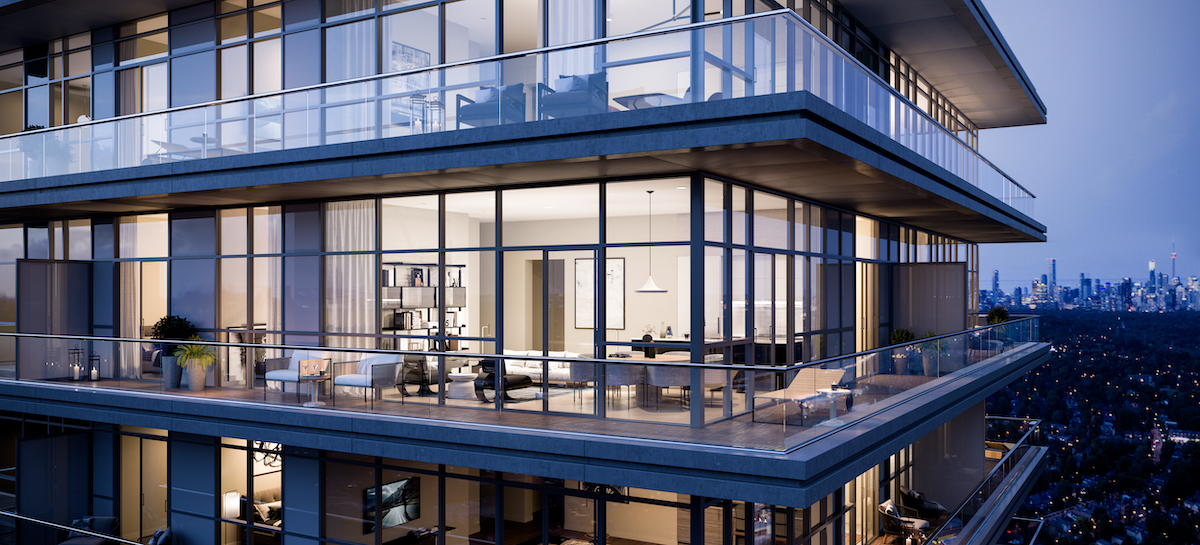Rendering of Upper East Village the The Leaside Collection terrace at night.