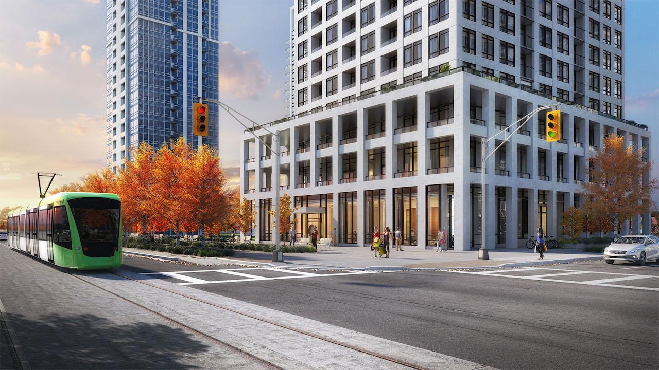 Rendering of Edge Towers building exterior at ground-level and street area.