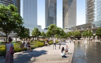 Rendering of Sugar Wharf Condos Courtyard with water feature.