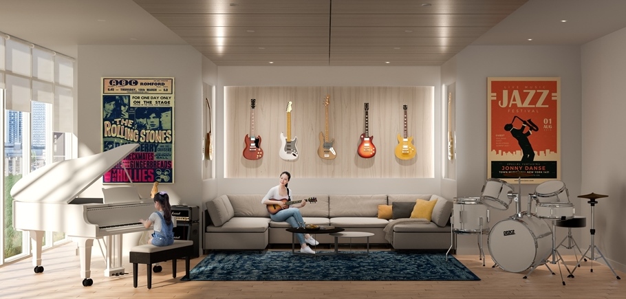 Rendering of Sugar Wharf Condos music room.