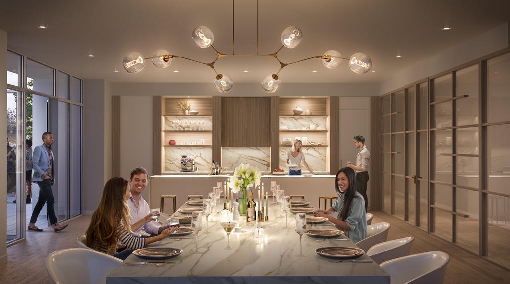 Rendering of Sugar Wharf Condos party room at dusk.