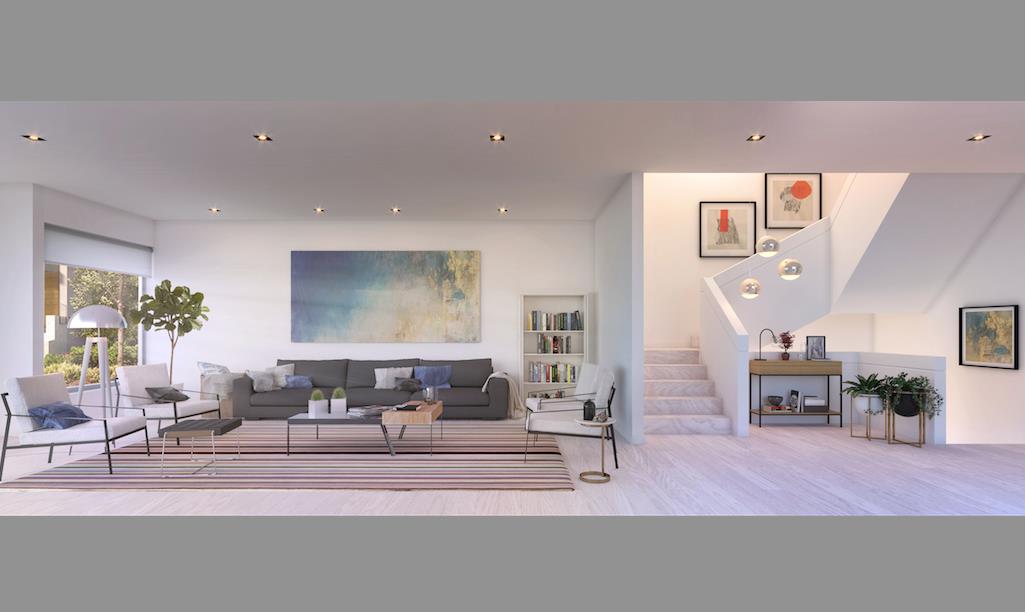 Rendering of The Vince townhouse living room and staircase.