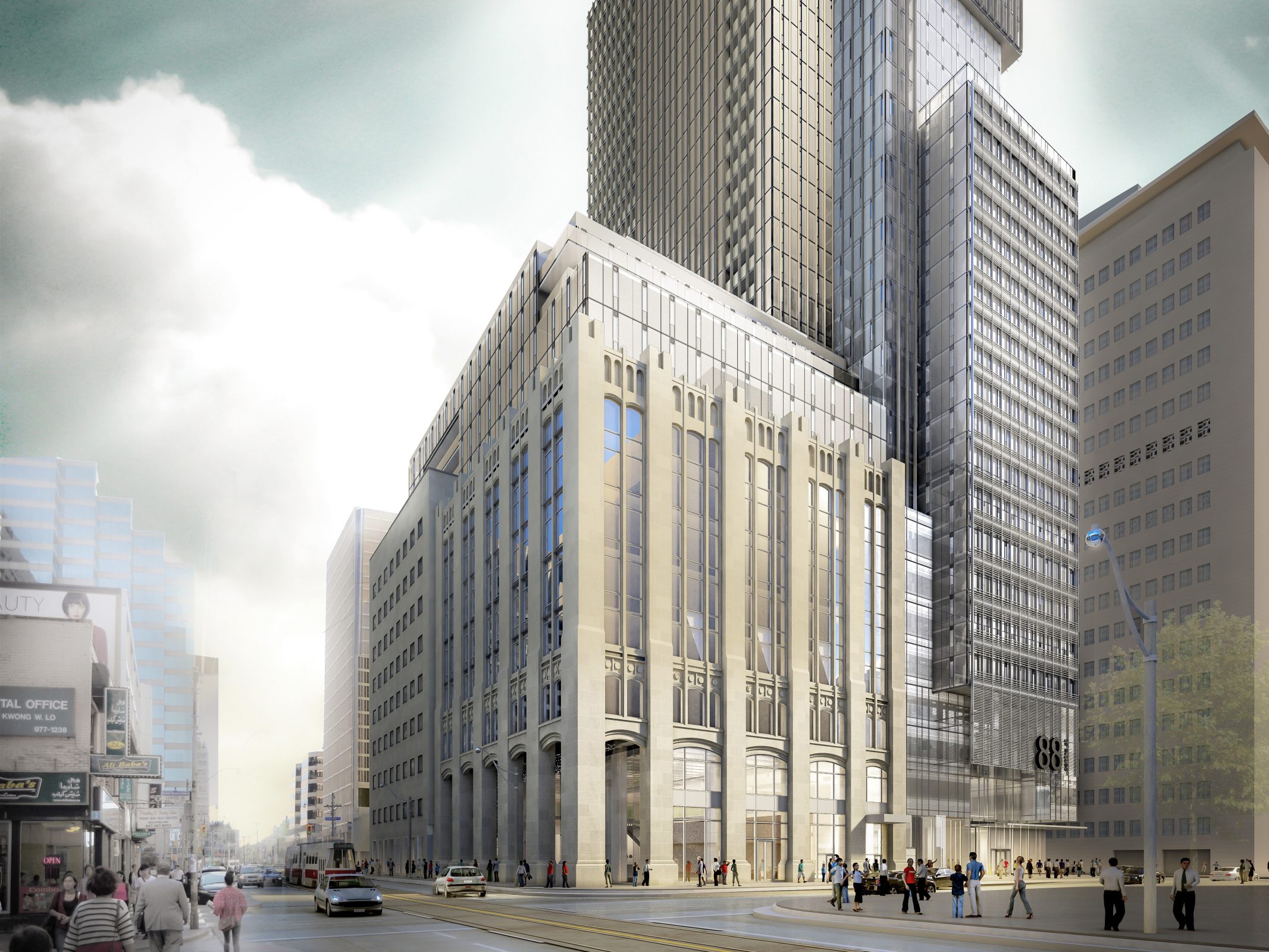 Rendering of 481 University building exterior at street-level.