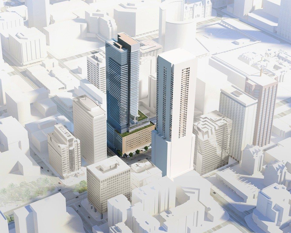Rendering of 481 University building exterior and surround city area.