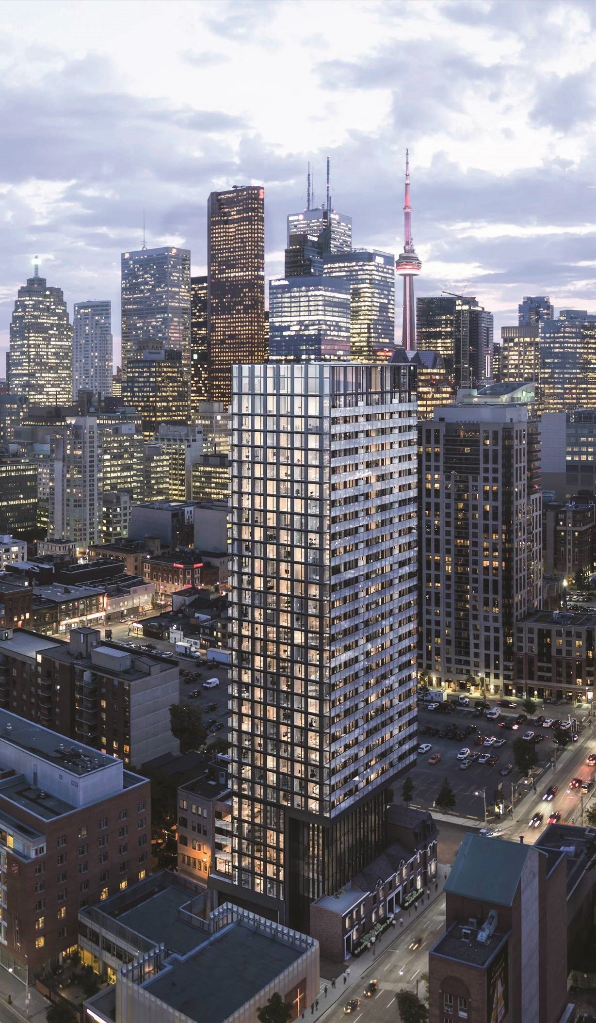 Realistic rendering of Garden District Condos and surrounding city area.