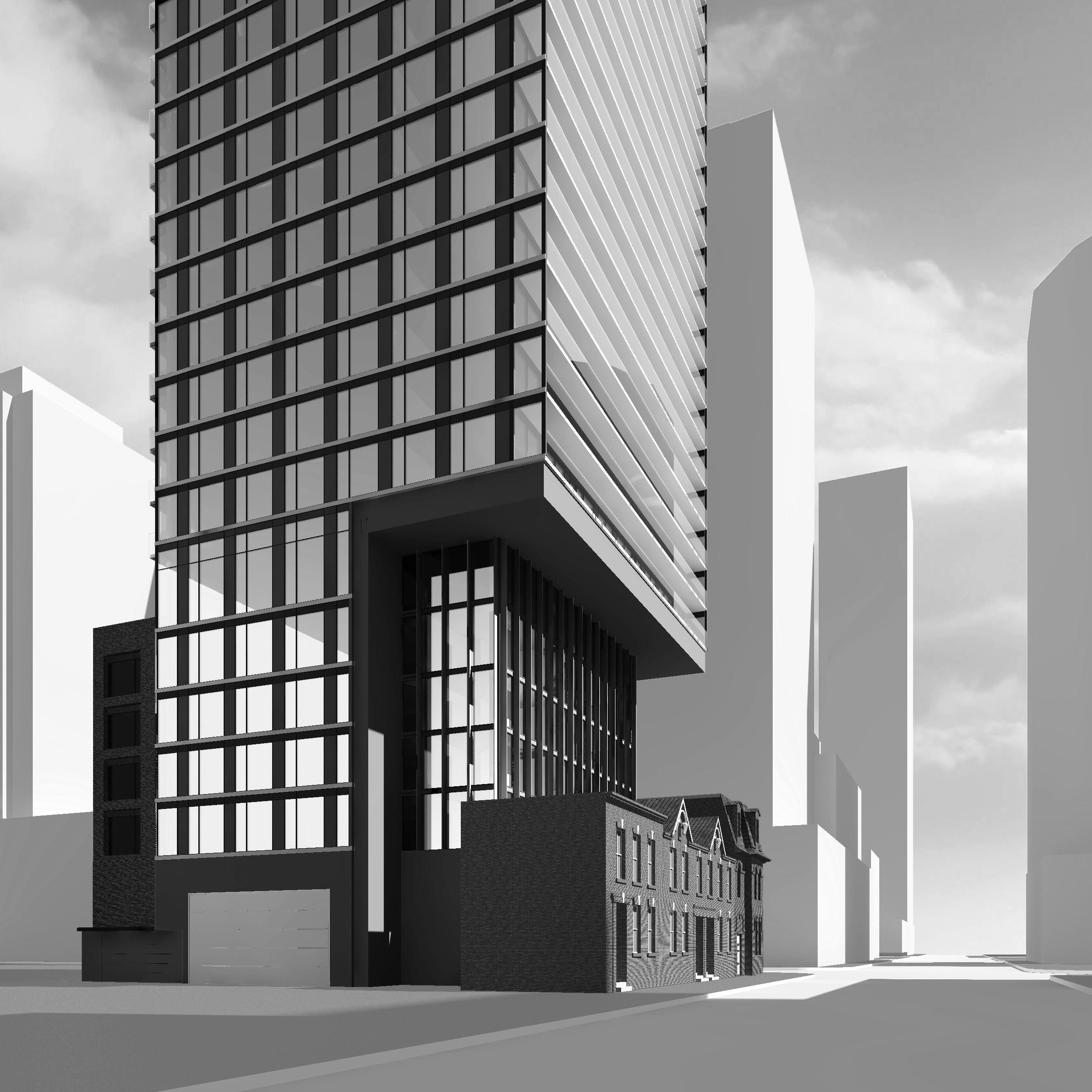 Rendering of Garden District Condos building exterior - view of front and right side.