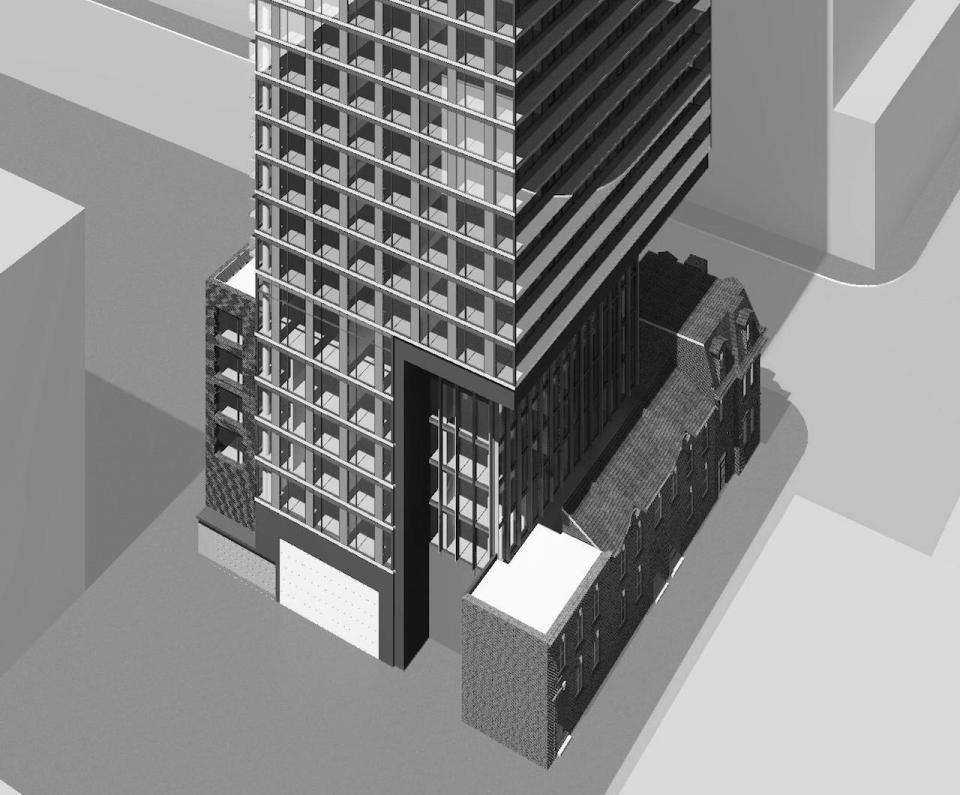 Rendering of Garden District Condos building exterior - view of front and left side.