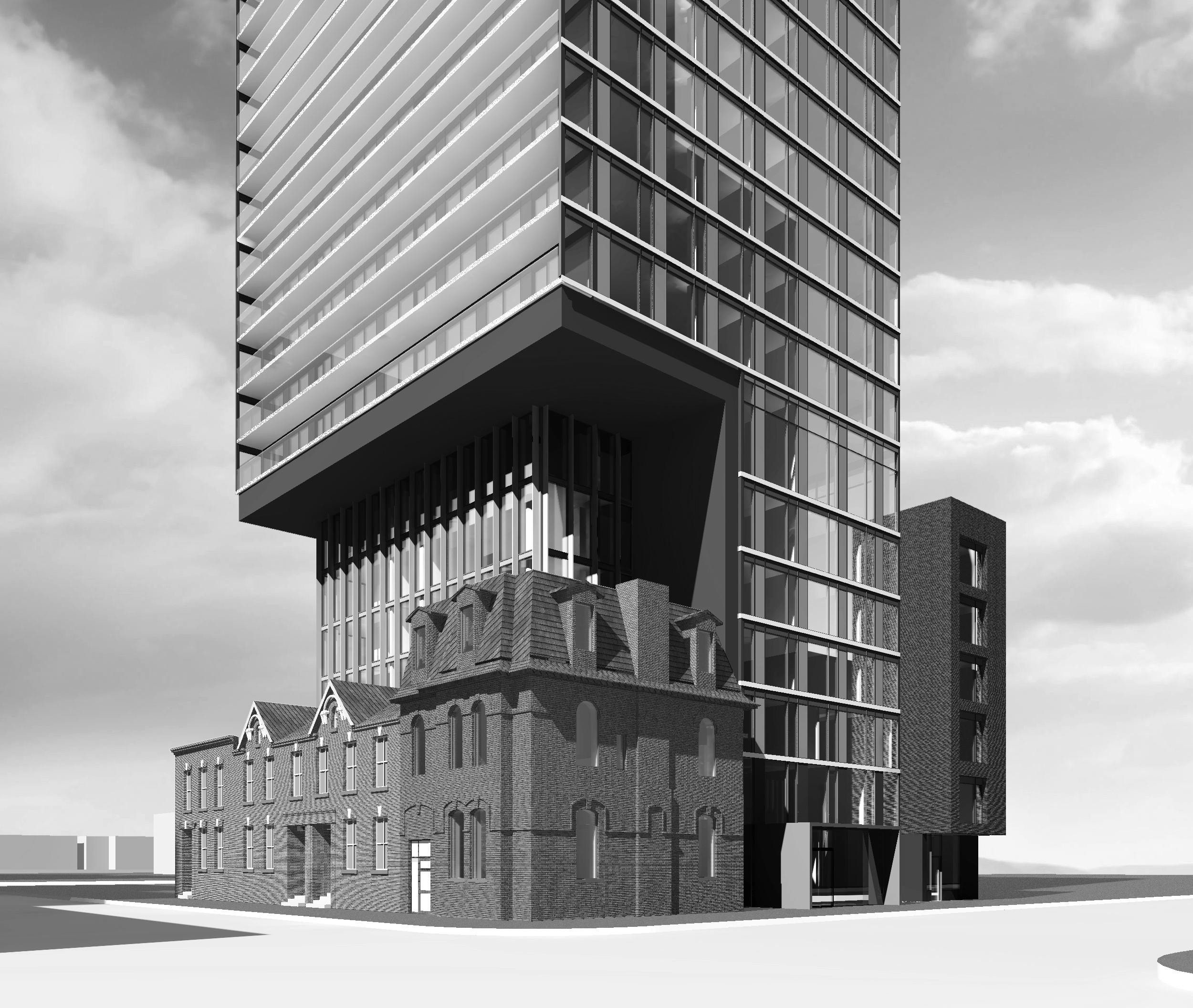 Rendering of Garden District Condos building exterior - view of front and left side at ground level.