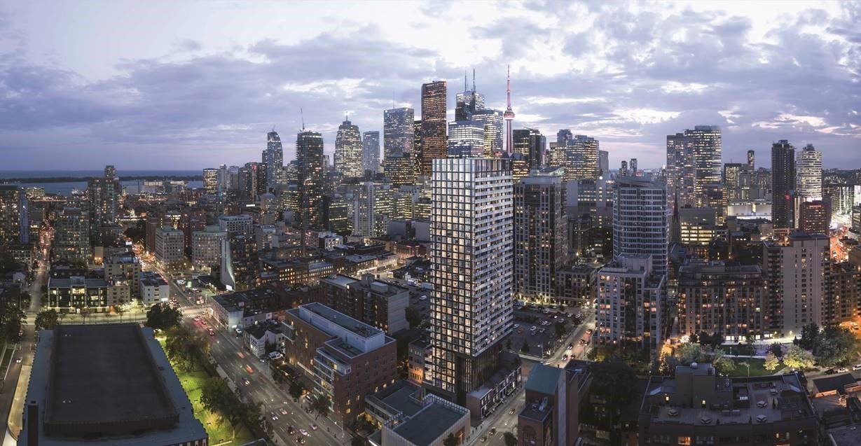 Realistic rendering of Garden District Condos and surrounding city area.