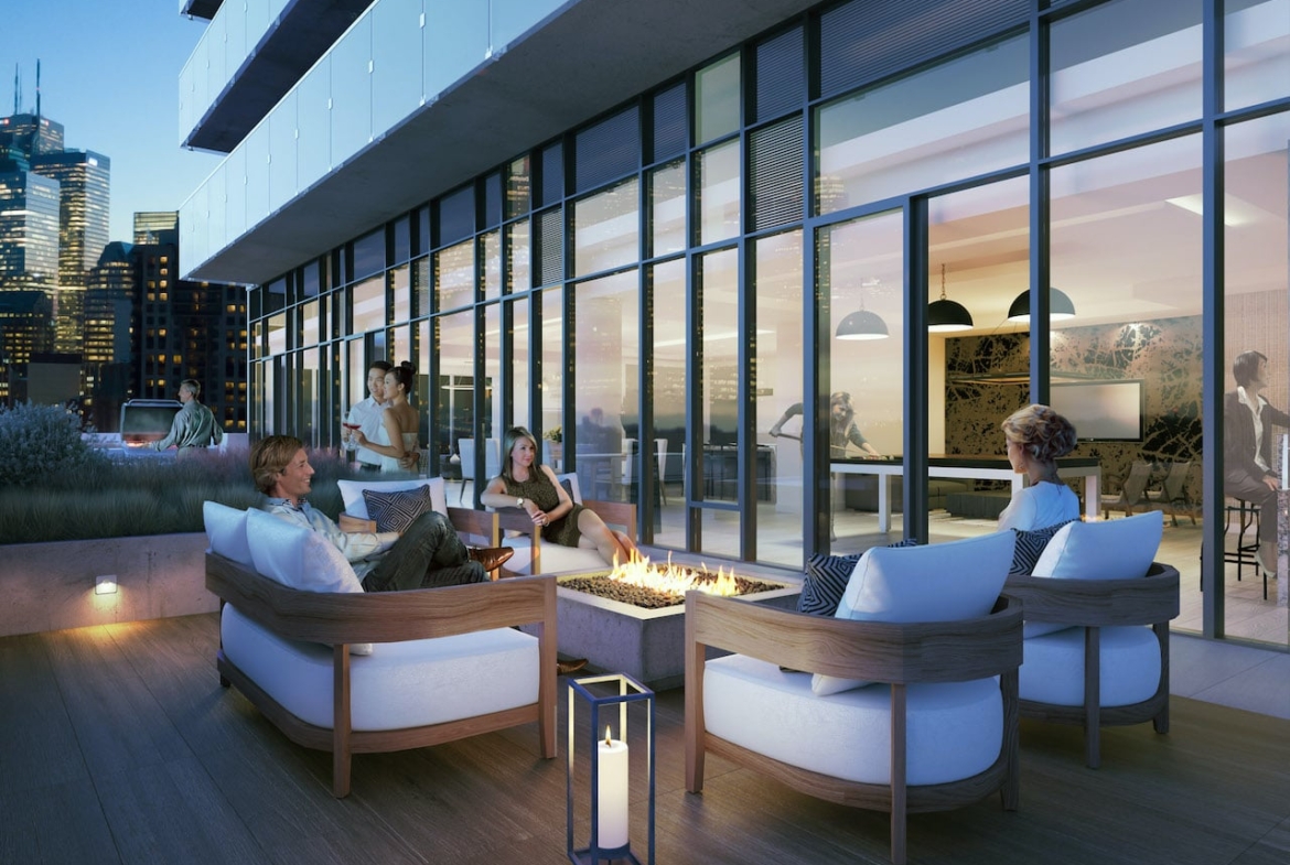 Rendering of The Garden District Condos exterior terrace with seating