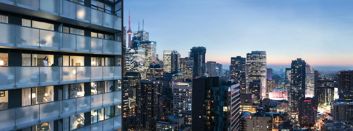 Rendering of The Garden District Condos exterior balcony view of Toronto