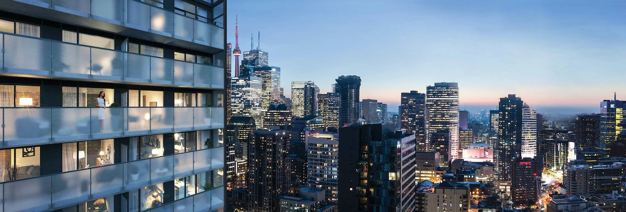 Rendering of The Garden District Condos exterior balcony view of Toronto