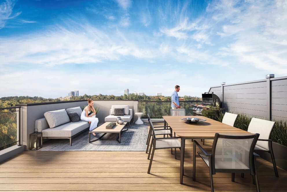 Rendering of The Way Towns outdoor rooftop patio.