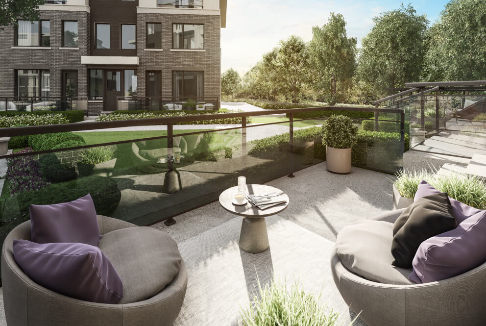 Rendering of The Way Towns unit exterior - front patio.