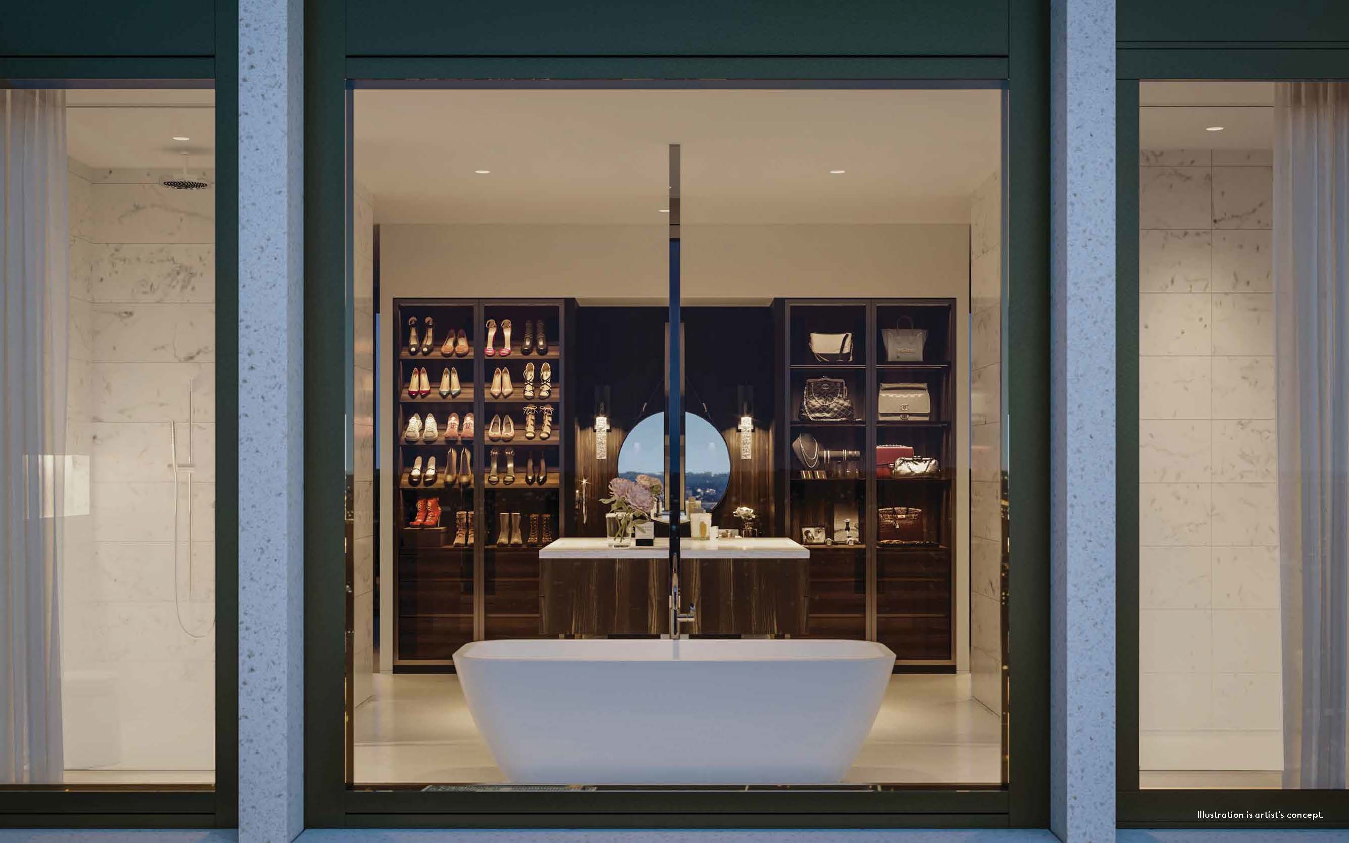 Rendering of 50 Scollard Yorkville Condos suite bathtub with city view