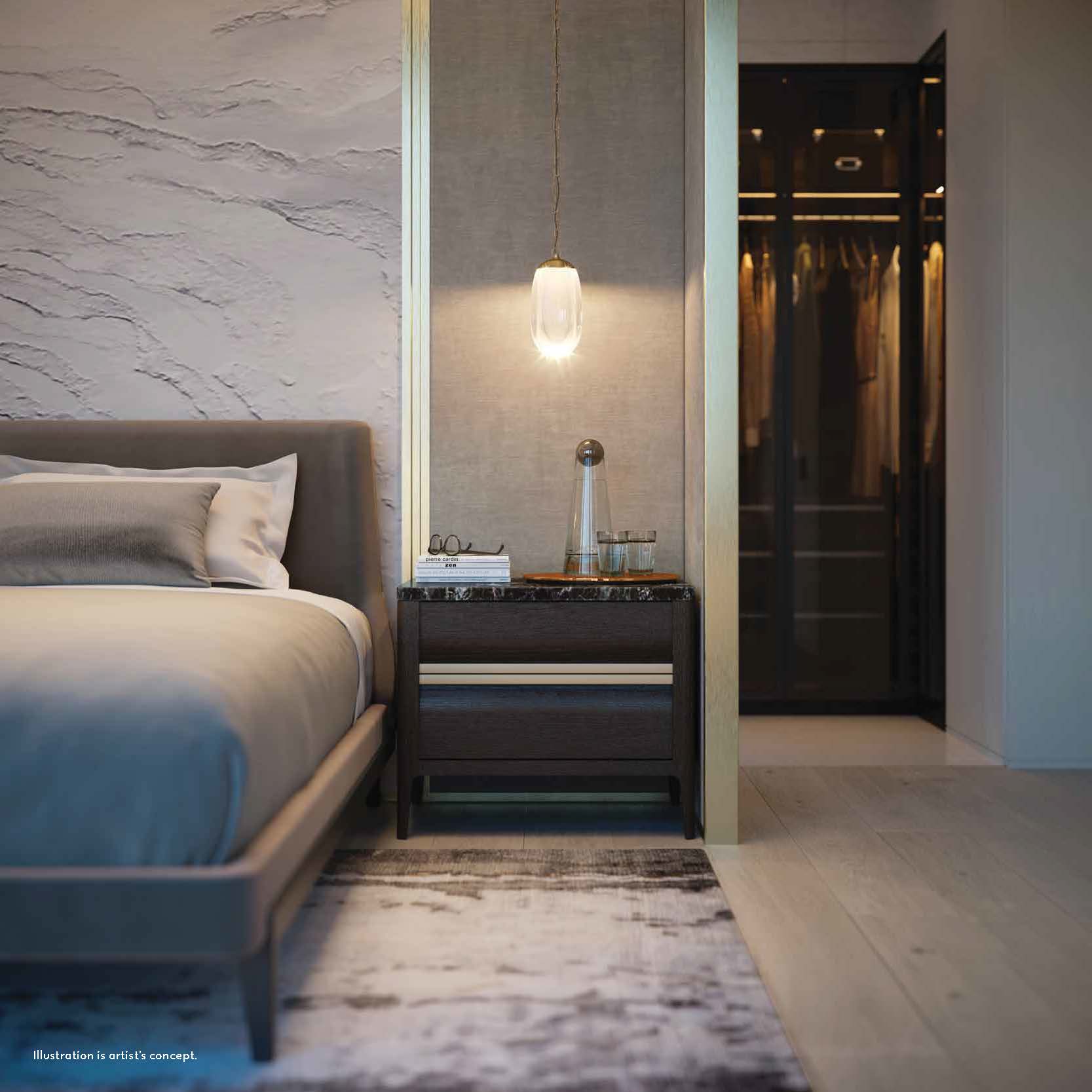 Rendering of 50 Scollard Yorkville Condos bedroom with walk-in closet.